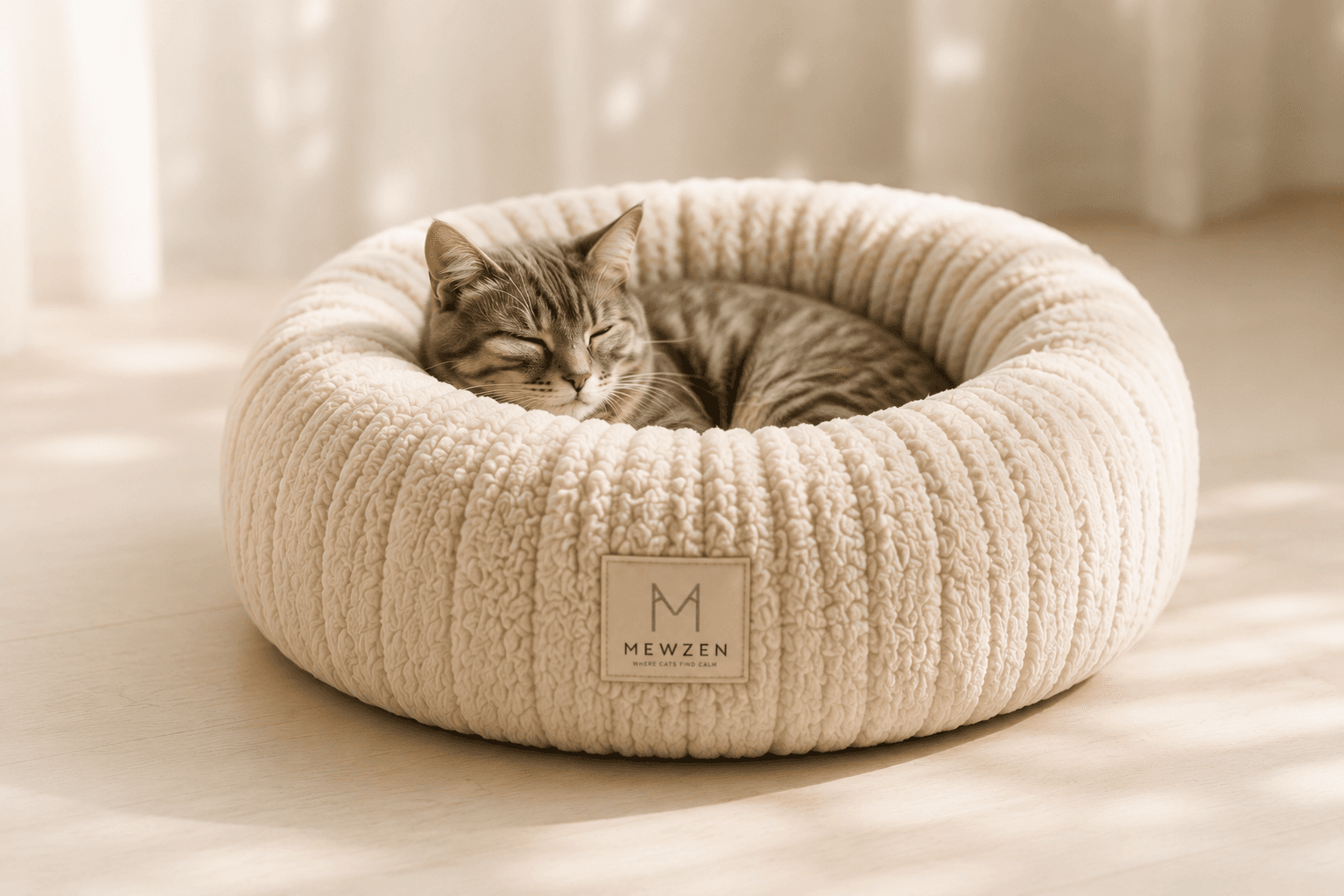 Mewzen Cloud™ — ivory sherpa donut bed with a sleeping cat