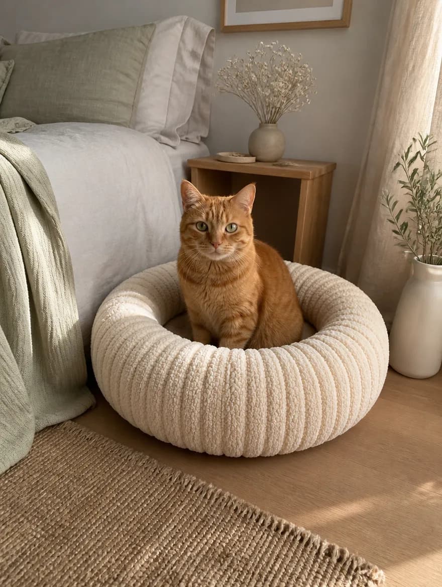 Ginger cat sitting in a Mewzen Cloud™ bed in a cozy bedroom