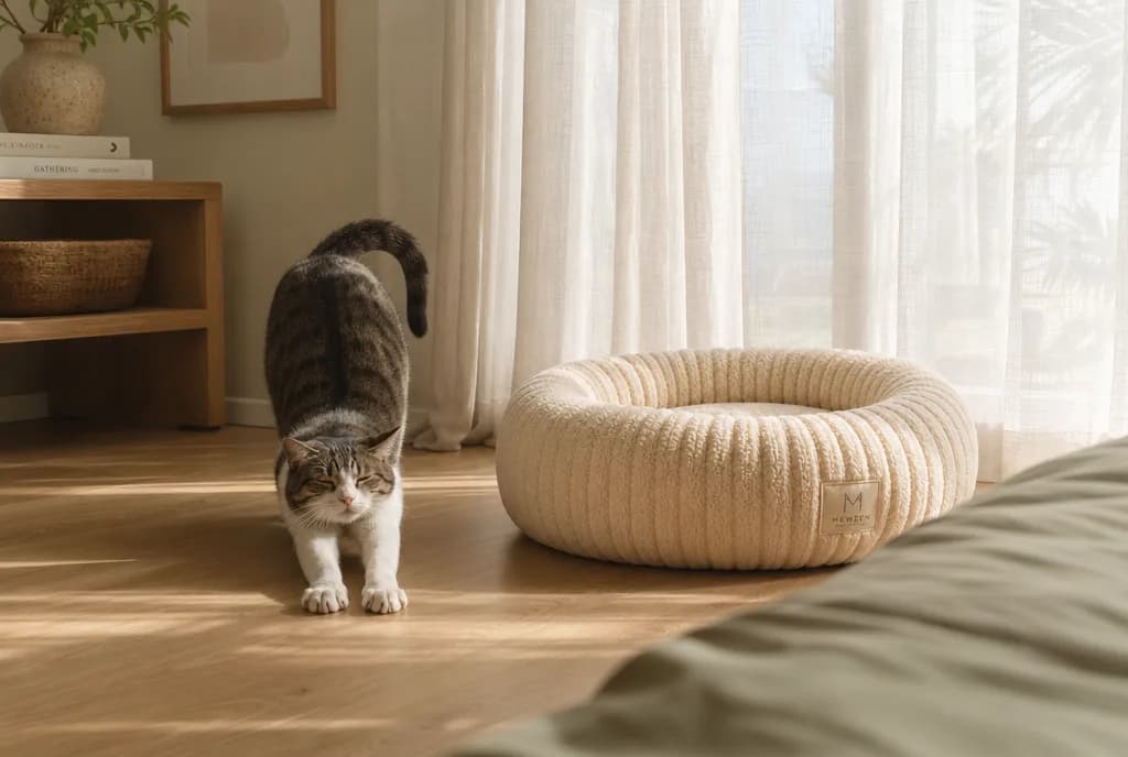 Tabby cat walking past a Mewzen Cloud™ bed in a bright living room