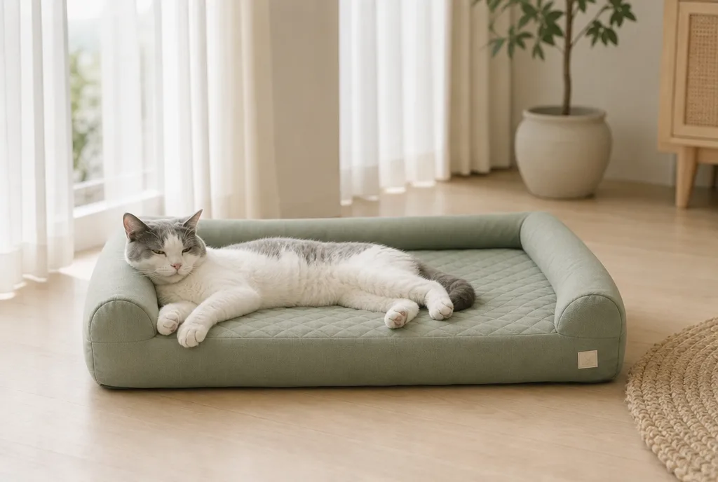 Grey and white cat relaxing on a sage Mewzen Cool™ bed