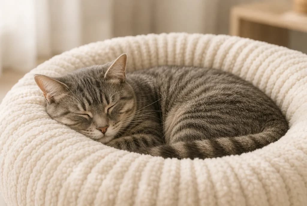Tabby cat curled up asleep in a Mewzen Cloud™ bed