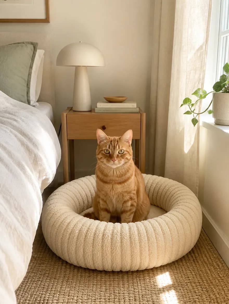 Ginger cat sitting in a Mewzen Cloud™ bed beside a bed and nightstand